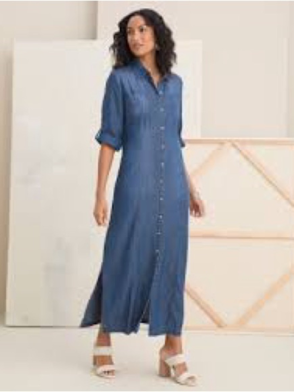 Chico's Chambray Button-Front Maxi Dress in Blue